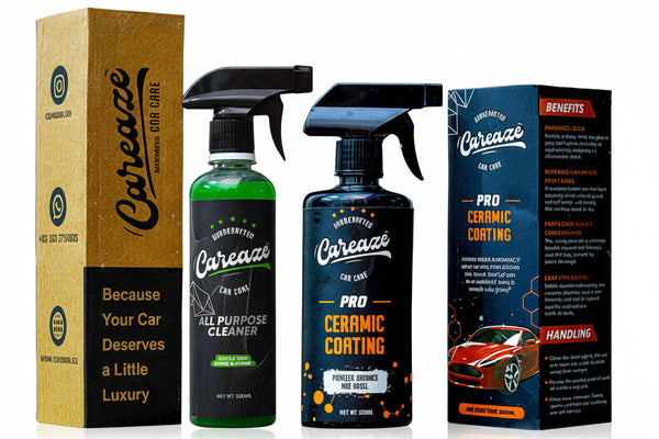 Careaze car care products including spray bottles and packaging with promotional text for a sale.