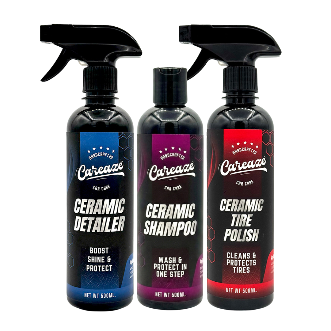 Three bottles of Careaze ceramic care products on a white background
