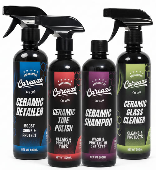 Four spray bottles of Careaze car care products on a black background with text 'Ceramic Complete Exterior Bundle'.