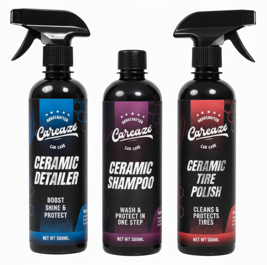 Three bottles of Careaze ceramic exterior care products on a black background