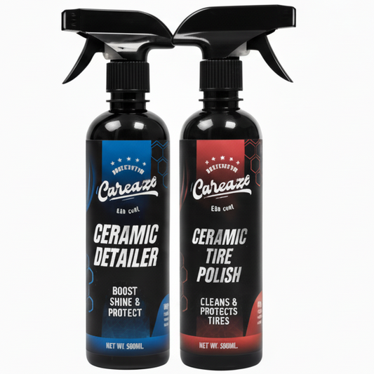 Two bottles of CarPro ceramic exterior finish products on a black platform with a black background.