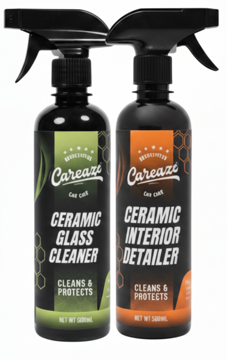 Two bottles of ceramic interior care products on a black background with 'Ceramic Interior Care Bundle' text.