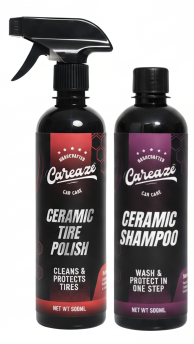 Two bottles of Careaze ceramic care products with a spray bottle, sponges, and cloths on a white background.