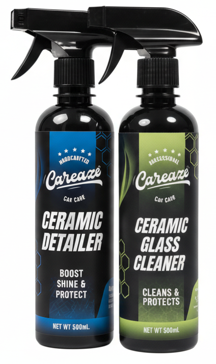 Two bottles of Cereaze ceramic care products with cloths and a sponge on a white background
