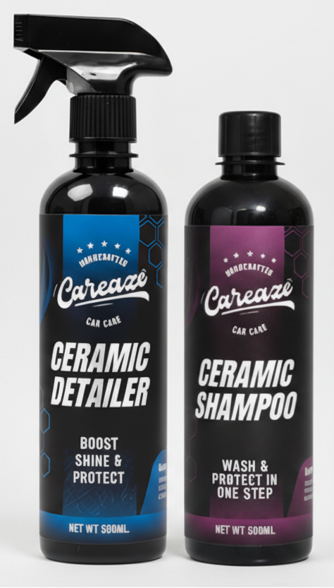 Two bottles of Caranza ceramic wash and shine products on a dark background